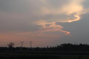 A plane flying over a field with power lines in the background photo