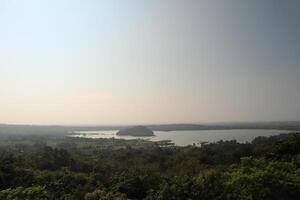 A view of a lake and trees from a hill photo