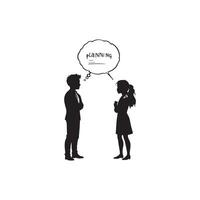 Silhouette of Business People Discussing Planning and Strategy with Thought Bubble, Brainstorming and Teamwork in a Minimalist Black and White Style vector