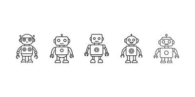 Collection of Cartoon Robots with Unique Designs Displayed in a Row, Featuring Various Head and Body Shapes, Antennas, and Circular Emblems vector