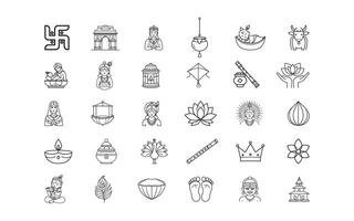 Collection of indian cultural and religious icons in a simple line art style vector