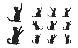 A Playful Assembly of Black Cat Silhouettes Against a White Backdrop Exhibiting Various Playful Poses and Engaging with Imaginary Objects vector