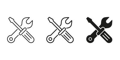 Crossed Wrench And Screwdriver Line And Solid Icon Set. Maintenance, Repair, And Tools Symbol Collection. Technical Support And Diy Concept. Isolated Illustration vector
