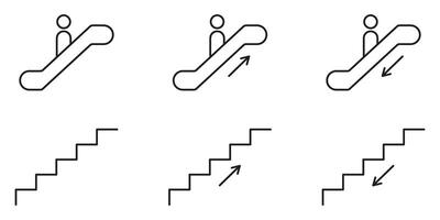 Escalator And Stair Direction Icons Set. Up And Down Movement Symbols For Navigation And Accessibility. Building Infrastructure Outline Collection. Editable Stroke. Isolated Illustration vector