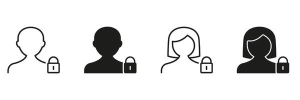 User Profile Privacy Lock Icon Set. Personal Data Security And Confidentiality Outline And Silhouette Symbol Collection. User Protection And Privacy Assurance. Isolated Illustration vector