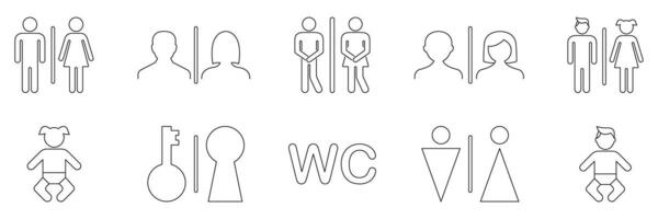 Restroom And Gender Symbols Line Icon Set. Public Toilet, Male And Female, Baby Changing and Accessibility Outline Symbol Collection. Editable Stroke. Isolated Illustration vector