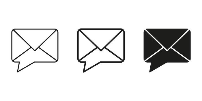 Envelope With Speech Bubble Line and Solid Icon Set. Email Communication, Messaging, Chat Interaction Outline And Silhouette Symbol Collection. Digital Correspondence. Isolated Illustration vector