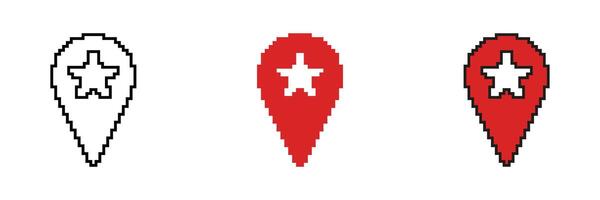 Map Pin With Star Icon Set. Location Marker With Star Symbol For Favorite Places And Navigation. Pixel Art Style For Maps And Gps Applications. Isolated Illustration vector