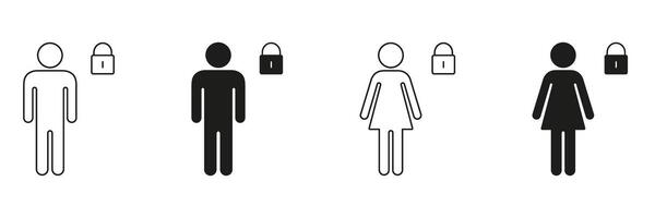 Male And Female With Lock Icon Set. Privacy, Security, And Gender-Specific Access Outline And Silhouette Symbol Collection. Personal Data Protection And Confidentiality. Isolated Illustration vector