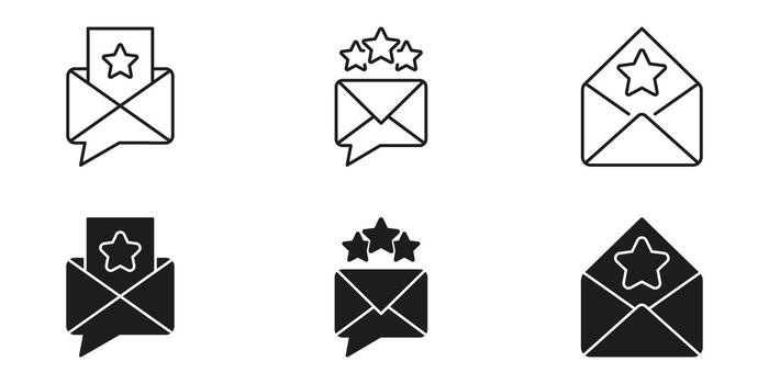 Envelope With Star Icon Set. Email Notification, Message Alert, And Priority Communication Outline And Silhouette Symbols. Email Marketing And Customer Feedback. Isolated Illustration vector