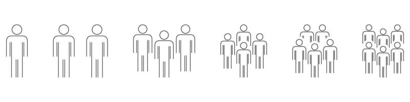 People Grouping Progression Line Icon Set. Social Dynamics, Team Building, And Community Growth Outline Symbol Collection. Group Sizes. Editable Stroke. Isolated Illustration vector