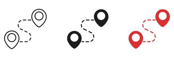 Location Pin Pathway Line And Solid Icon Set. Navigation Route, Travel Planning and Destination Mapping Outline And Silhouette Symbol Collection. Isolated Illustration vector