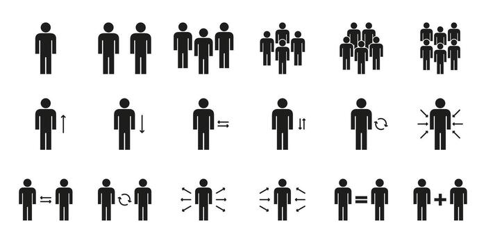Communication And Growth Representation. People Interaction And Movement Solid Icon Set. Human Dynamics, Social Interaction and Group Behavior Silhouette Icon Set. Isolated Illustration vector