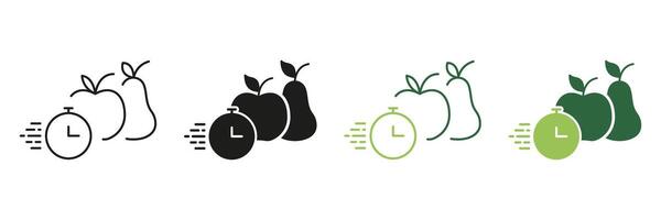 Fast Metabolism And Healthy Nutrition Solid Icon. Apple, Pear, And Stopwatch Representing Calorie Burn Silhouette Symbol. Isolated Illustration vector