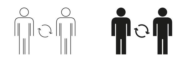 Two People With Arrows Icon Set. Communication, Interaction, And Exchange Outline And Silhouette Symbol Collection. Social Connection And Collaboration. Isolated Illustration vector
