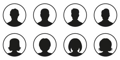 Male and Female Avatar Profile Silhouettes in Circular Frames Solid Icon Set. User Identity and Default Profile Placeholder Silhouette Symbol Collection. Isolated Illustration vector