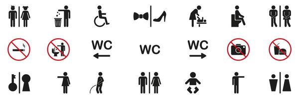 Restroom And Facility Sign Solid Icon Set. Public Amenities, Accessibility and Prohibition Symbols Collection. Includes No Smoking, No Photography and Wc Directions. Isolated Illustration vector