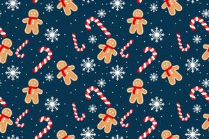 Gingerbread man cookies with candy cane and snowflakes seamless pattern vector