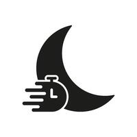 Moon With Stopwatch Solid Icon. Nighttime Efficiency, Sleep Tracking, And Time Management Silhouette Symbol. Productivity And Rest Optimization. Isolated Illustration vector