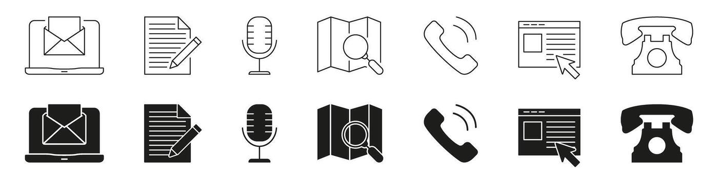 Communication And Media Tools Line And Solid Icon Set. Email, Document, Microphone, Map, Phone, And Webpage Interaction Symbol Collection. Digital Communication. Isolated Illustration vector