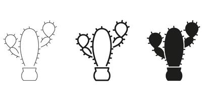 Cactus In Pot In Line, Outline, And Glyph Icon Set. Desert Plant, Succulent, And Nature Symbol Collection. Botanical And Eco-Friendly Design Elements. Isolated Illustration vector