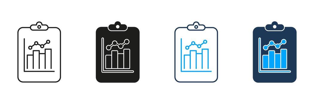 Clipboard With Graph Line And Solid Icon Set. Data Analysis, Business Reporting, And Performance Tracking Symbol Collection. Financial And Statistical Insights. Isolated Illustration vector