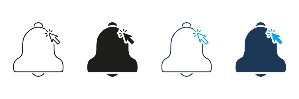 notificación campana con hacer clic cursor línea y sólido icono colocar. alerta activación, recordatorio, notificación administración símbolo recopilación. usuario interacción. aislado ilustración vector
