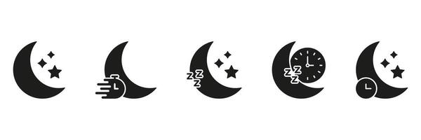 Moon And Sleep Icons Solid Icon Set. Nighttime, Sleep Tracking, And Restful Sleep Silhouette Symbol Collection. Sleep Quality And Night Routine Representation. Isolated Illustration vector
