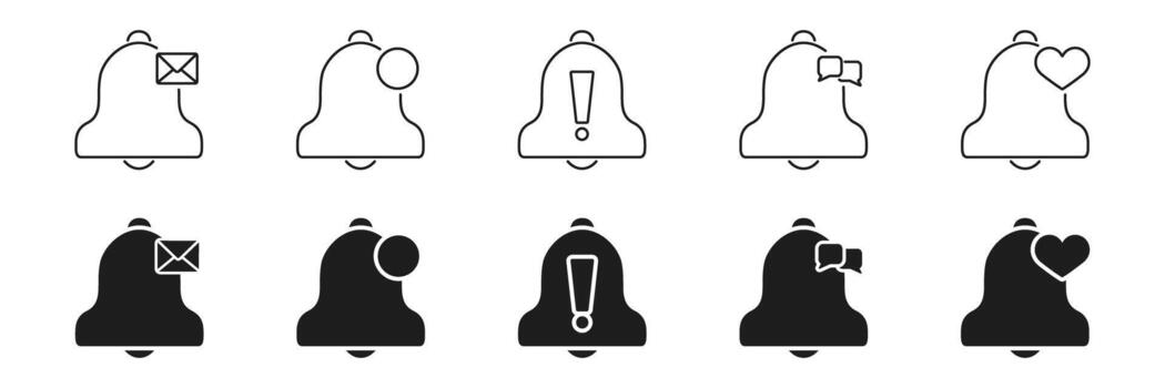 Notification Bell Icon Set With Various Symbols. Alerts For Messages, Updates, And Social Interactions Outline And Solid Symbol Collection. Communication Indicators. Isolated Illustration vector