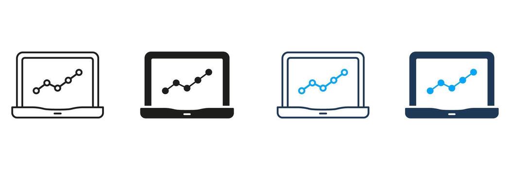 Laptop With Graph Line And Solid Icon Set. Data Analysis, Business Growth, And Performance Tracking Symbol Collection. Financial And Statistical Insights. Isolated Illustration vector