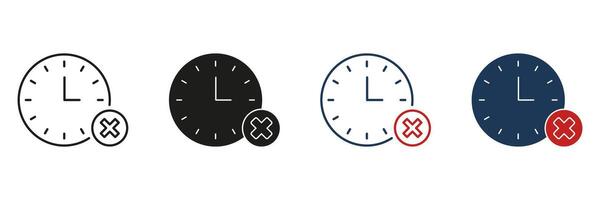 Clock With Cross Mark Line And Solid Icon Set. Time Management, Deadline Missed, And Schedule Cancellation Symbol Collection. Task And Appointment Rescheduling. Isolated Illustration vector