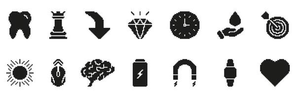 Pixel Art Icon Set Featuring Tooth, Chess Rook, Arrow, Diamond, Clock, Water Drop, Target, Sun. Diverse Retro Symbol Collection For Various Applications. Isolated Illustration vector