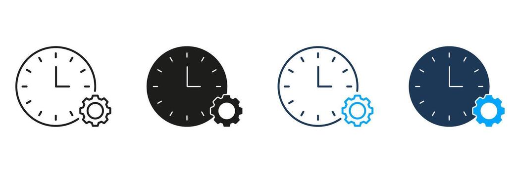 reloj con engranaje línea y sólido icono colocar. hora gestión, eficiencia, y proceso mejoramiento silueta símbolo recopilación. flujo de trabajo y productividad mejora. aislado ilustración vector