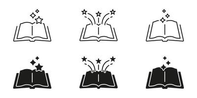 Open Book With Stars Line And Solid Icon Set. Imagination, Knowledge, And Creativity Symbol Collection. Educational And Inspirational Concept. Isolated Illustration vector