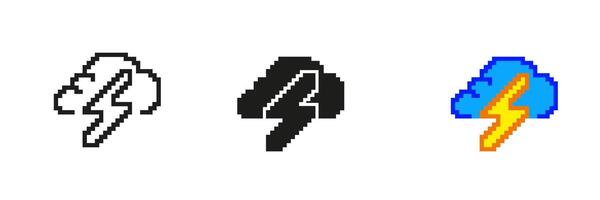 Storm Cloud with Lightning Icon Set In Pixel Art. Pixelated Thunderstorm Weather Symbol. Stormy Conditions Sign. Isolated Illustration vector