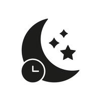 Crescent Moon With Clock And Stars Solid Icon. Nighttime, Sleep Schedule, And Bedtime Routine Silhouette Symbol. Time Management And Rest. Isolated Illustration vector