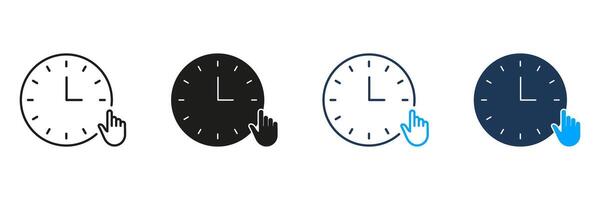 Clock With Hand Pointer Line And Solid Icon Set. Time Management, Scheduling, And Digital Interaction Symbol Collection. User Interface And Online Appointment Concept. Isolated Illustration vector