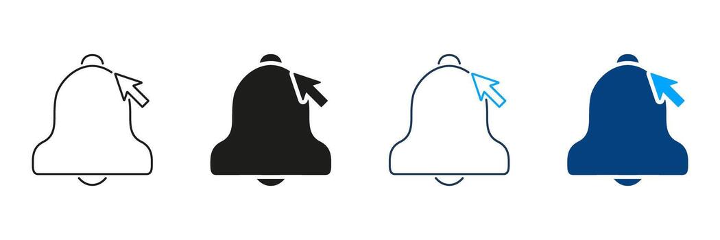 Notification Bell With Cursor Line And Solid Icon Set. Alert And Reminder Activation Outline And Silhouette Symbol Collection. User Interaction And Engagement. Isolated Illustration vector
