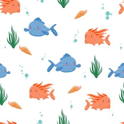 Seamless pattern with orange and blue fish