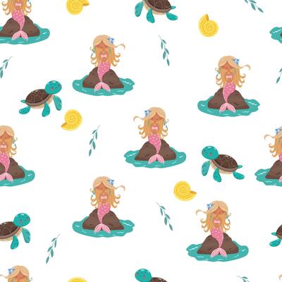 Seamless pattern with blonde mermaid and turtles