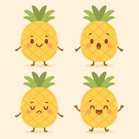 Pineapple characters with four distinct facial expressions suitable for graphic design projects, social media posts, and foodrelated marketing materials vector
