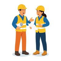 Two construction contractors, one man and one woman, standing and discussing while holding rolled-up blueprints vector
