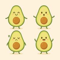 Avocado characters with four expressions suitable for social media, food blogs, and healthrelated designs, bringing smiles and a fun touch. vector