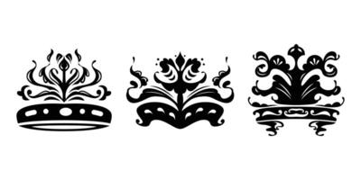 A set of three black ornamental crown icons with intricate floral and tribal patterns. Ideal for logos, tattoos, vintage designs, or royal-themed graphic decorations vector
