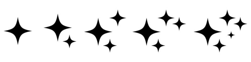 Glossy Sparkle Star Icons Set. Minimal Black Diamond Twinkle Symbols for Shiny Effects, Magical Light, Cosmic Stars, UI Elements, Celestial Decorations, and Clean Graphic Design. vector