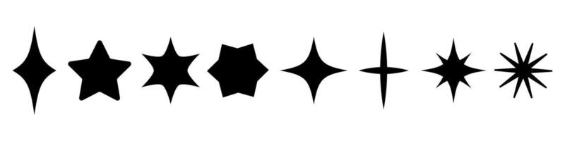 Stars. Black Starburst and Sparkle Icons Set. Abstract Star Silhouettes in Various Shapes. Minimalistic Decorative Elements for Design, Emblems, Symbols, Badges, or Holiday Decorations vector