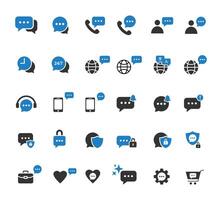Communication Chat and Customer Support Icons Collection. Global Language, Call Center, Secure Messaging, Notification, Mobile, Headset, Business, Cart, Gear, Heart, Lock, Shield icons Set vector
