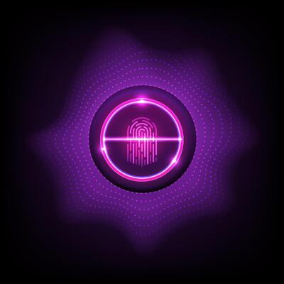 Futuristic biometric fingerprint scan symbol glowing in neon blue, illustrating advanced technology in cybersecurity and digital identity systems.