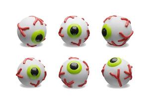 A 3D illustration of six stylized eyeballs featuring vibrant green irises and exaggerated red veins. This set ideal for Halloween themes, horror visuals, medical concepts, and character animations. vector