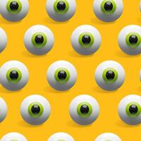 Seamless 3D pattern of cartoon eyeballs on a bright orange background. Playful and bold style, great for Halloween designs, eye health campaigns, wrapping paper, and textile prints. vector